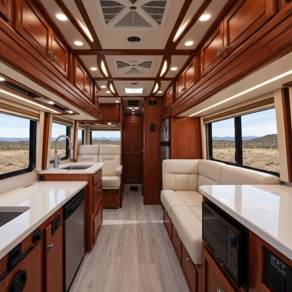 Luxury trailer interior with premium wood finishes