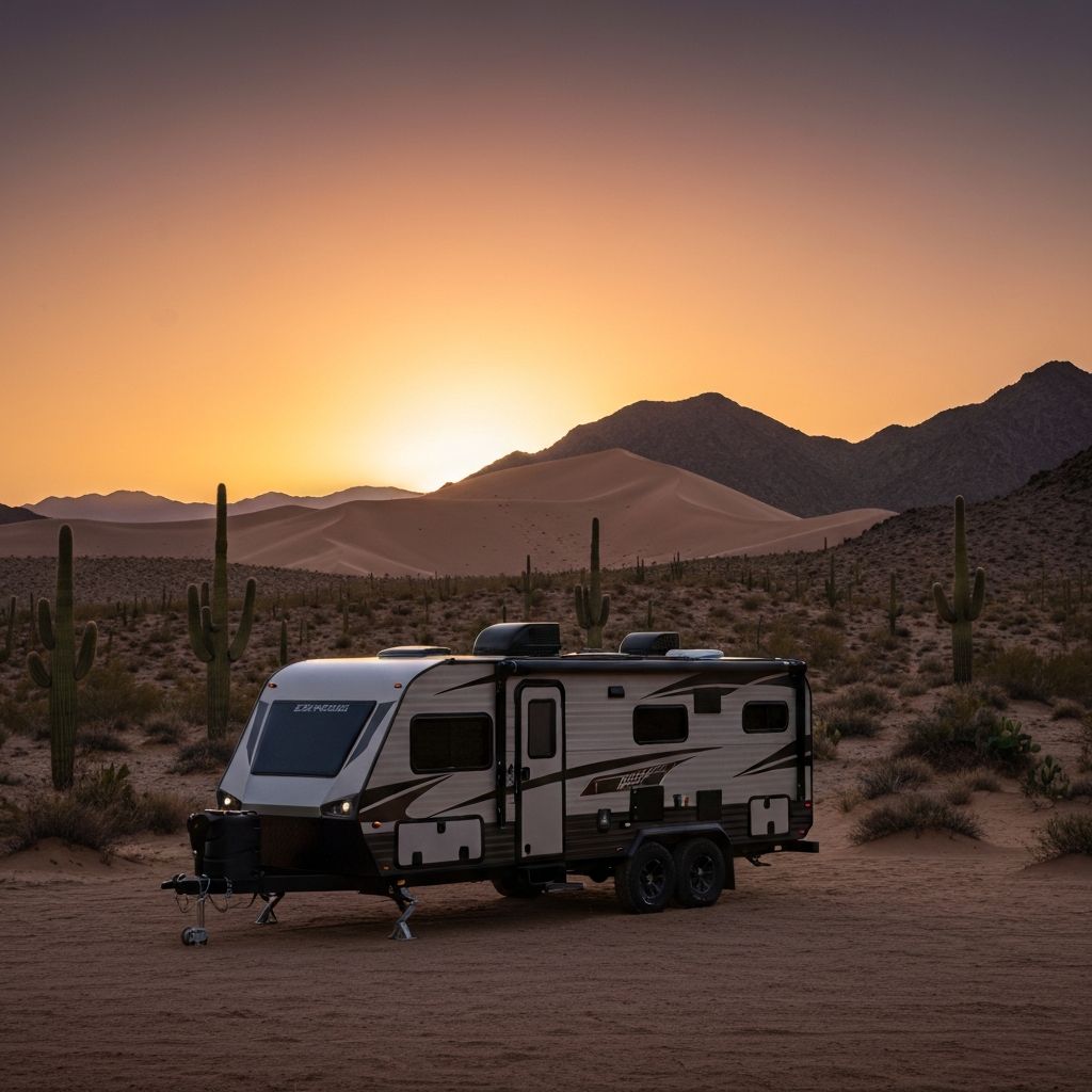 Luxury trailer in desert at sunset